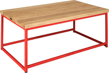 Load image into Gallery viewer, Red metal table with natural stain ash wood made in UK - angle view square frame