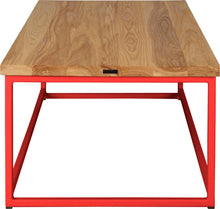 Load image into Gallery viewer, Red metal table with natural stain ash wood made in UK - side view square frame