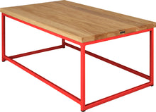 Load image into Gallery viewer, Red metal table with natural stain ash wood made in UK - back side view square frame