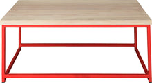 Load image into Gallery viewer, Red metal table with whitewash stain ash wood made in UK - front view square frame