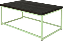 Load image into Gallery viewer, Sage green metal table with black stain ash wood made in UK - back side view square frame