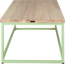 Load image into Gallery viewer, Sage green metal table with whitewash stain ash wood made in UK - side view square frame