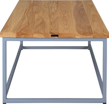 Load image into Gallery viewer, Shaker blue metal table with natural stain ash wood made in UK - side view square frame
