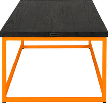 Load image into Gallery viewer, Orange metal table with black stain ash wood made in UK - side view square frame
