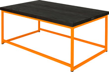 Load image into Gallery viewer, Orange metal table with black stain ash wood made in UK - back side view square frame