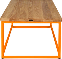 Load image into Gallery viewer, Orange metal table with natural stain ash wood made in UK - side view square frame