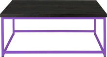 Load image into Gallery viewer, Purple metal table with black stain ash wood made in UK - front view square frame