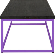 Load image into Gallery viewer, Purple metal table with black stain ash wood made in UK - side view square frame