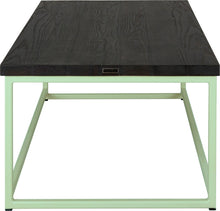Load image into Gallery viewer, Mint green metal table with black stain ash wood made in UK - side view square frame