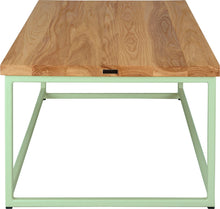 Load image into Gallery viewer, Mint green metal table with natural stain ash wood made in UK - side view square frame