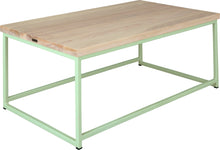 Load image into Gallery viewer, Mint green metal table with whitewash stain ash wood made in UK - angle view square frame