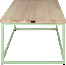 Load image into Gallery viewer, Mint green metal table with whitewash stain ash wood made in UK - side view square frame