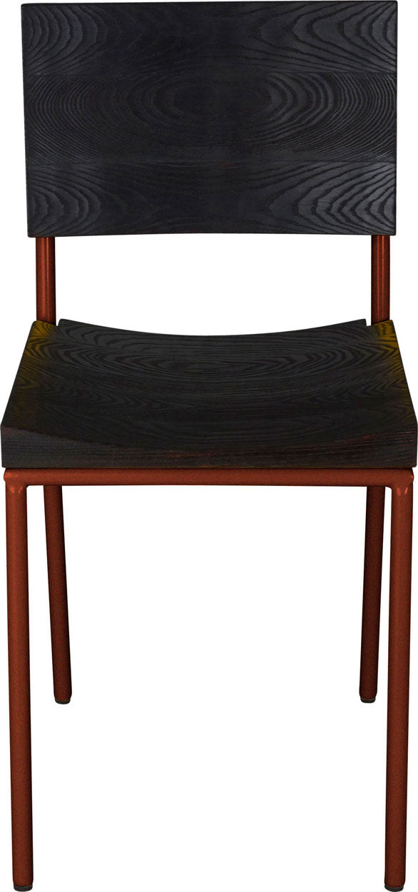 Copper metal chair with black stain ash wood made in UK - front view round frame