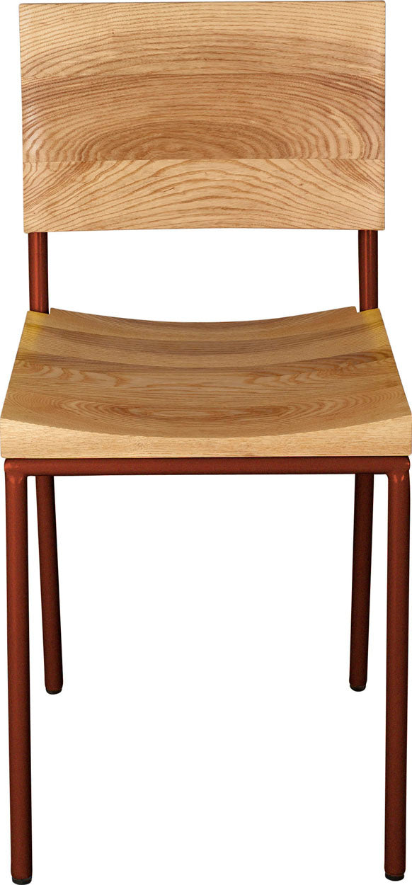 Copper metal chair with natural stain ash wood made in UK - front view round frame