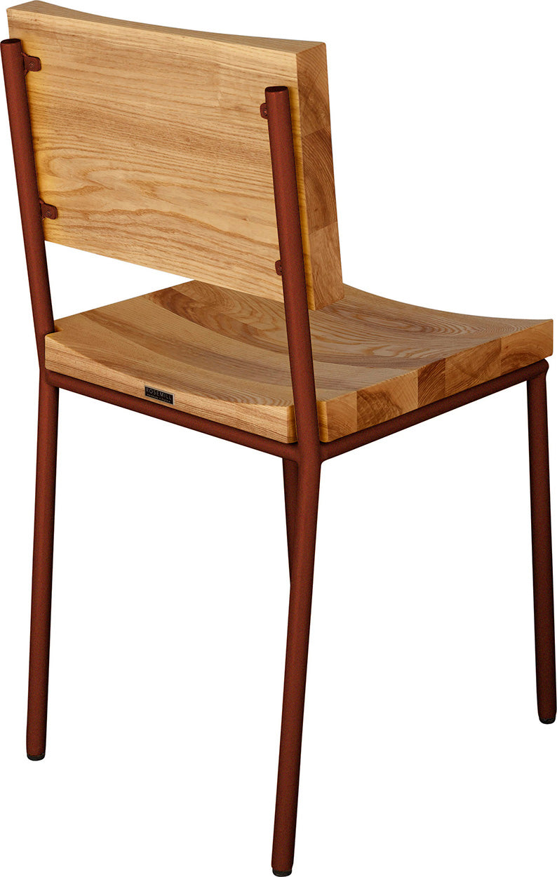 Copper metal chair with natural stain ash wood made in UK - back side view round frame