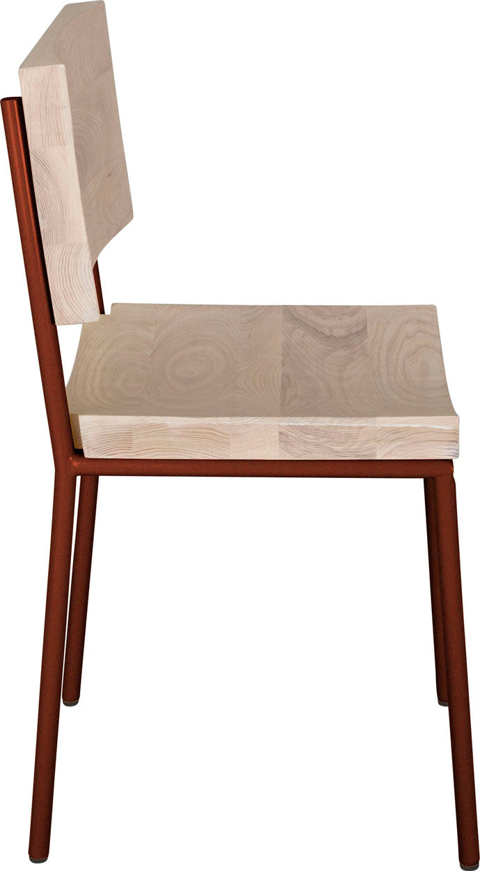 Copper metal chair with whitewash stain ash wood made in UK - side view round frame