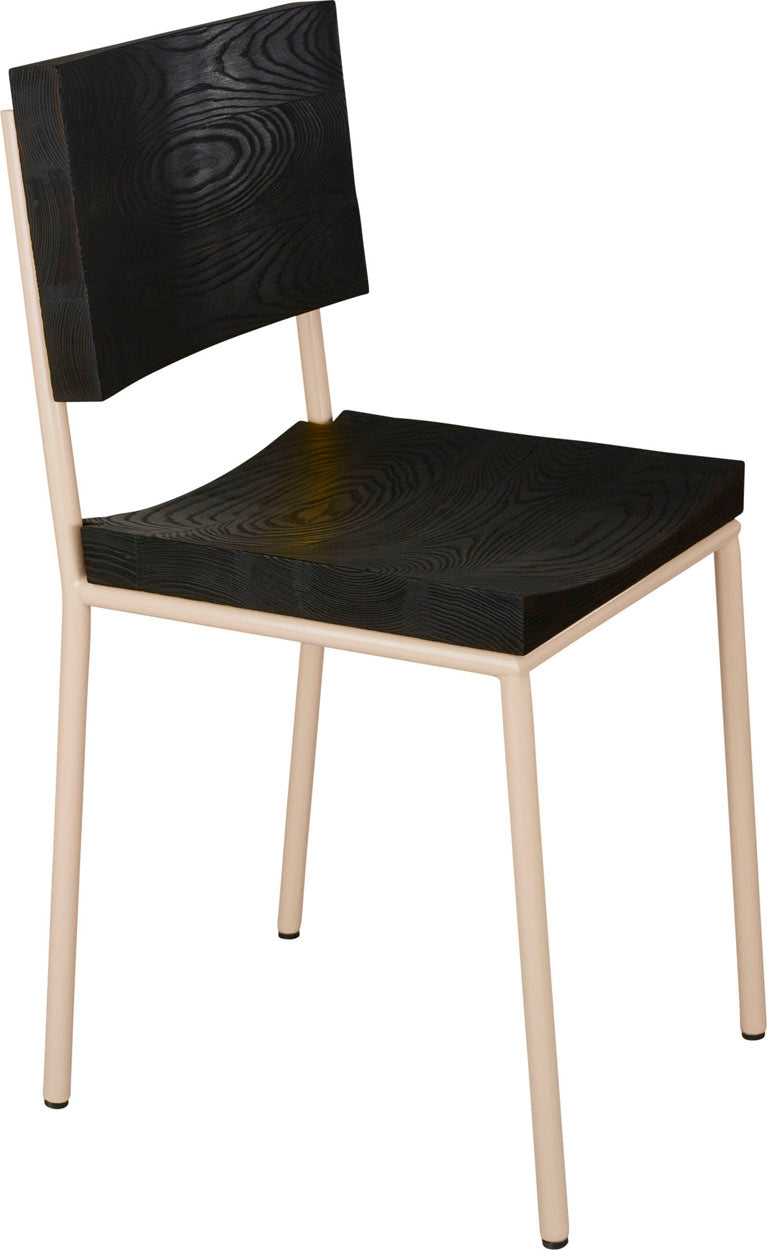 Off White metal chair with black stain ash wood made in UK - angle view round frame