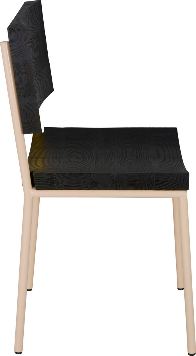 Off White metal chair with black stain ash wood made in UK - side view round frame