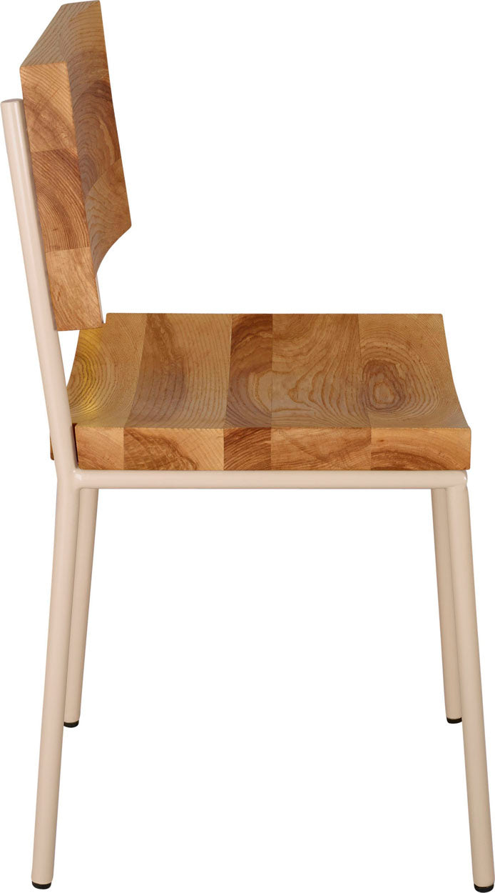 Off White metal chair with natural stain ash wood made in UK - side view round frame