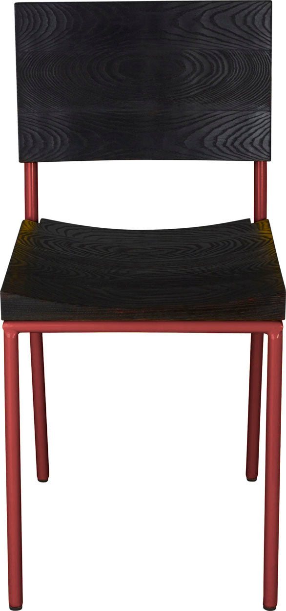 Crimson red metal chair with black stain ash wood made in UK - front view round frame