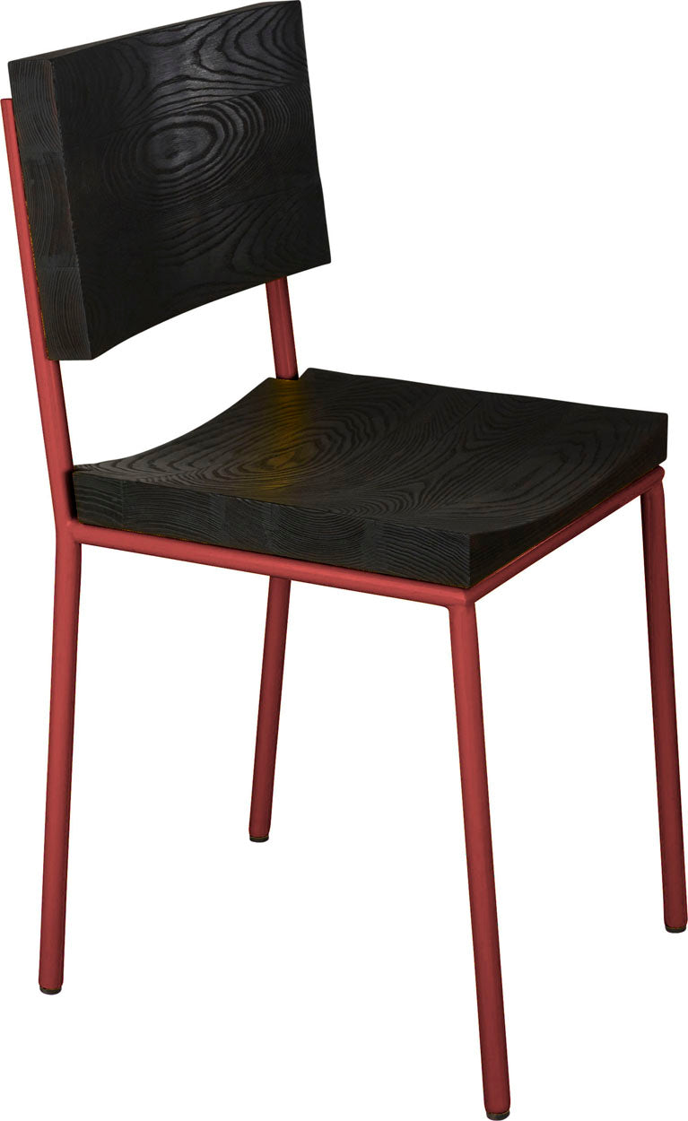Crimson red metal chair with black stain ash wood made in UK - angle view round frame