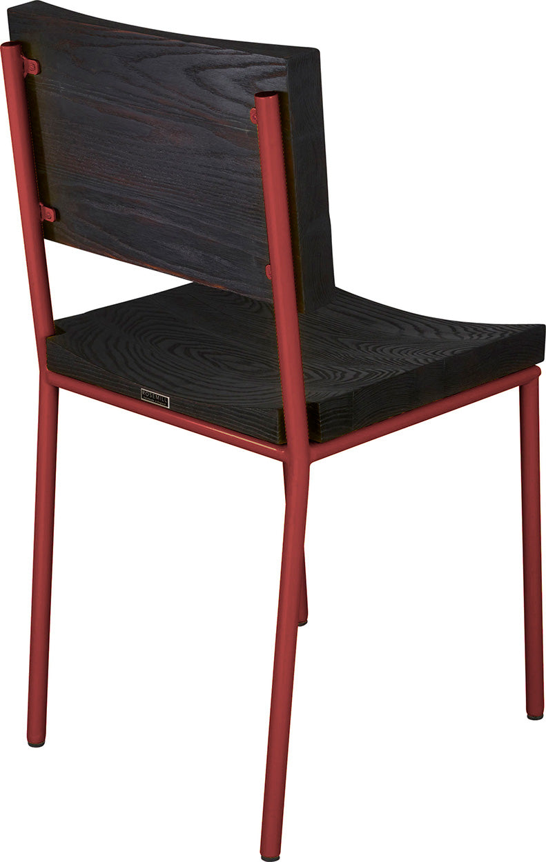 Crimson red metal chair with black stain ash wood made in UK - back side view round frame