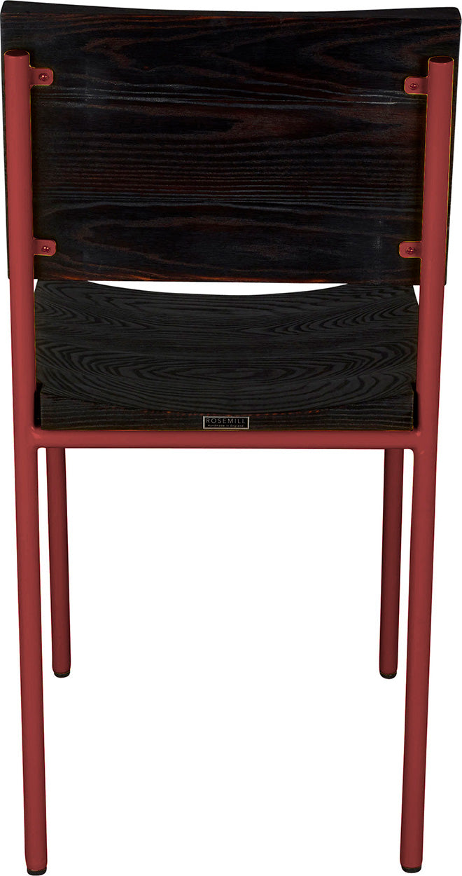 Crimson red metal chair with black stain ash wood made in UK - back view round frame
