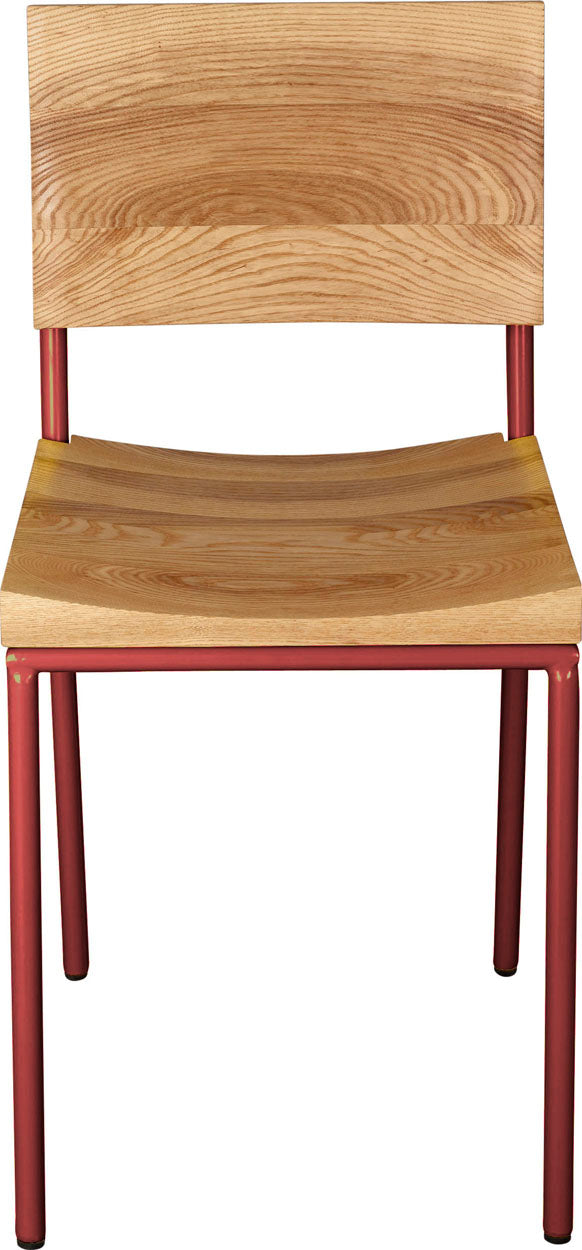 Crimson red metal chair with natural stain ash wood made in UK - front view round frame