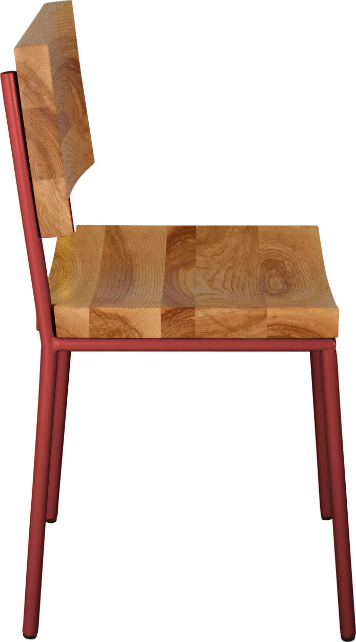 Crimson red metal chair with natural stain ash wood made in UK - side view round frame