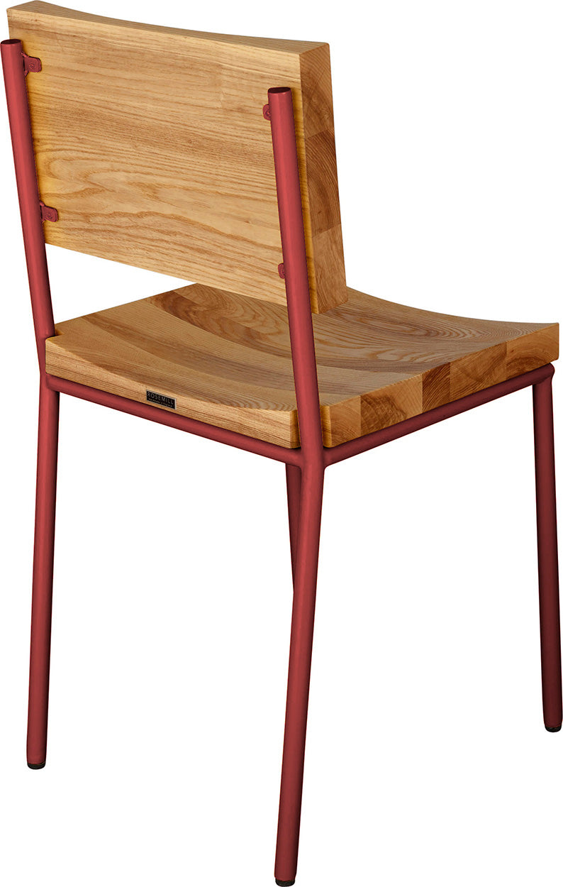 Crimson red metal chair with natural stain ash wood made in UK - back side view round frame
