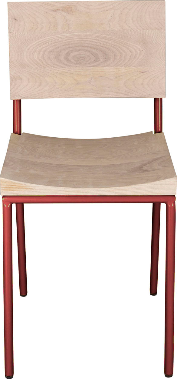 Crimson red metal chair with whitewash stain ash wood made in UK - front view round frame