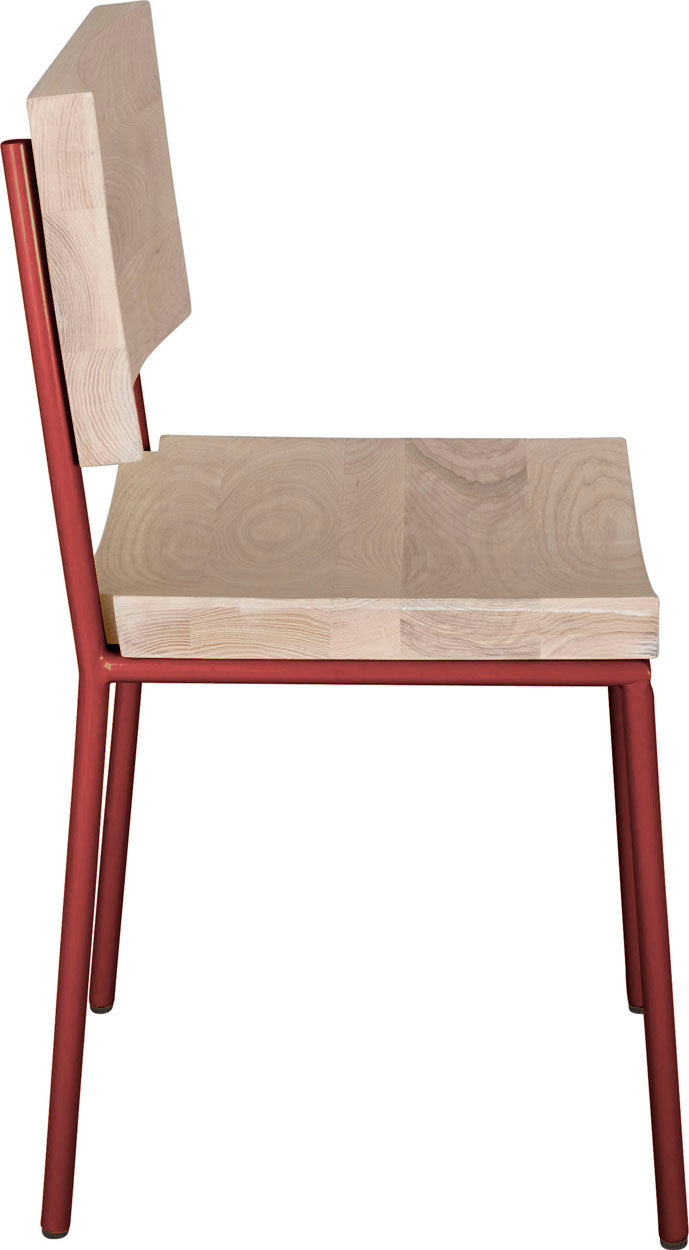 Crimson red metal chair with whitewash stain ash wood made in UK - side view round frame