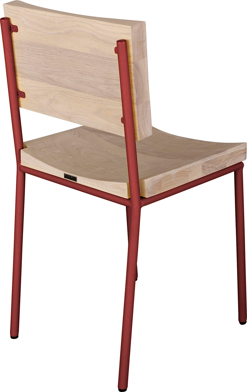 Crimson red metal chair with whitewash stain ash wood made in UK - angle view round frame