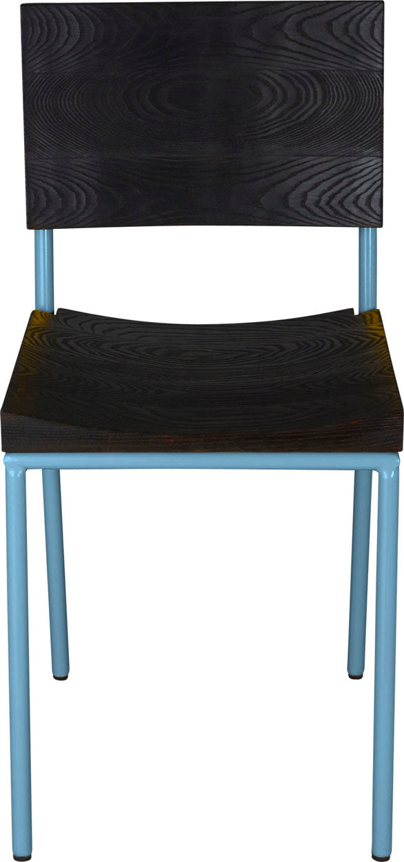 Duck-egg blue metal chair with black stain ash wood made in UK - front view round frame