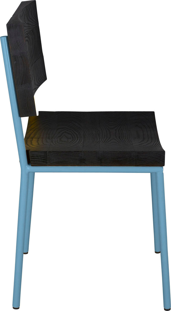 Duck-egg blue metal chair with black stain ash wood made in UK - side view round frame