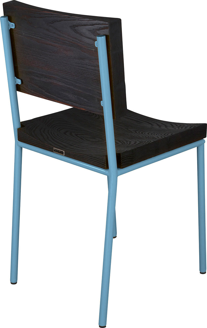 Duck-egg blue metal chair with black stain ash wood made in UK - back side view round frame
