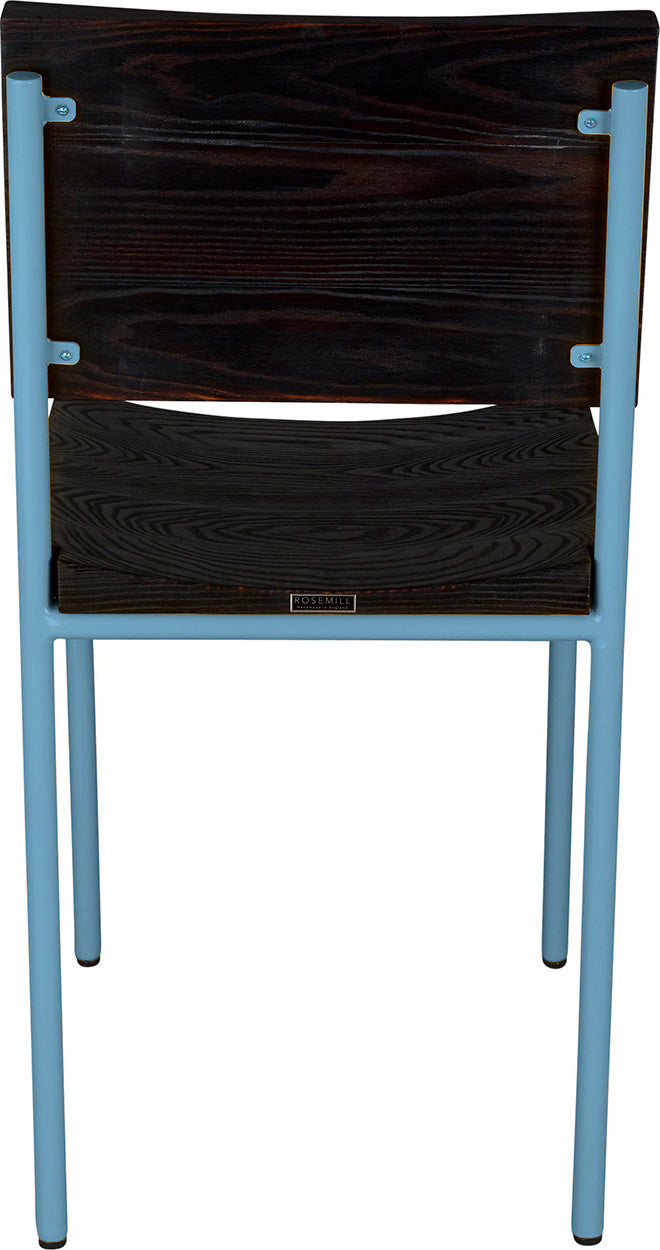 Duck-egg blue metal chair with black stain ash wood made in UK - back view round frame