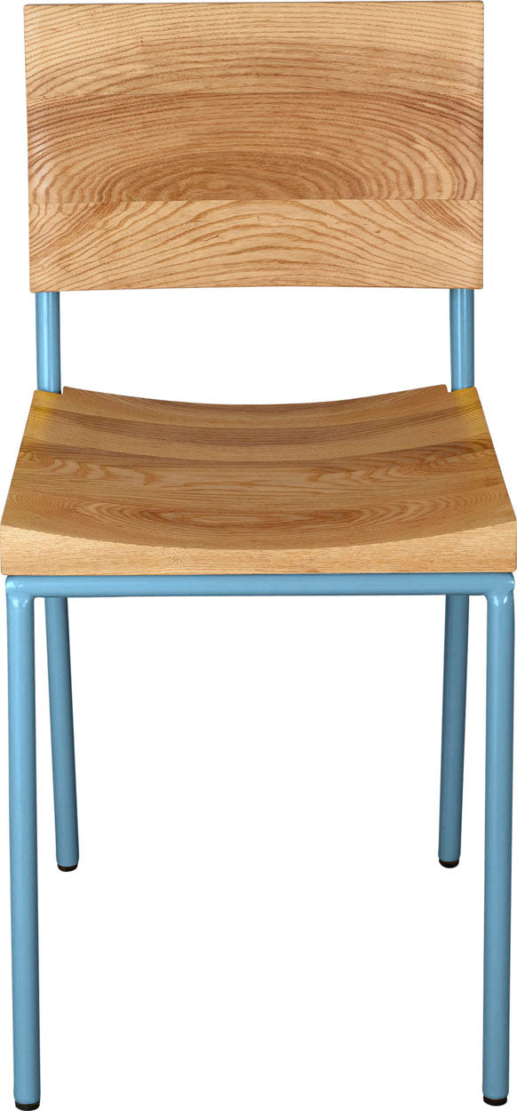 Duck-egg blue metal chair with natural stain ash wood made in UK - front view round frame