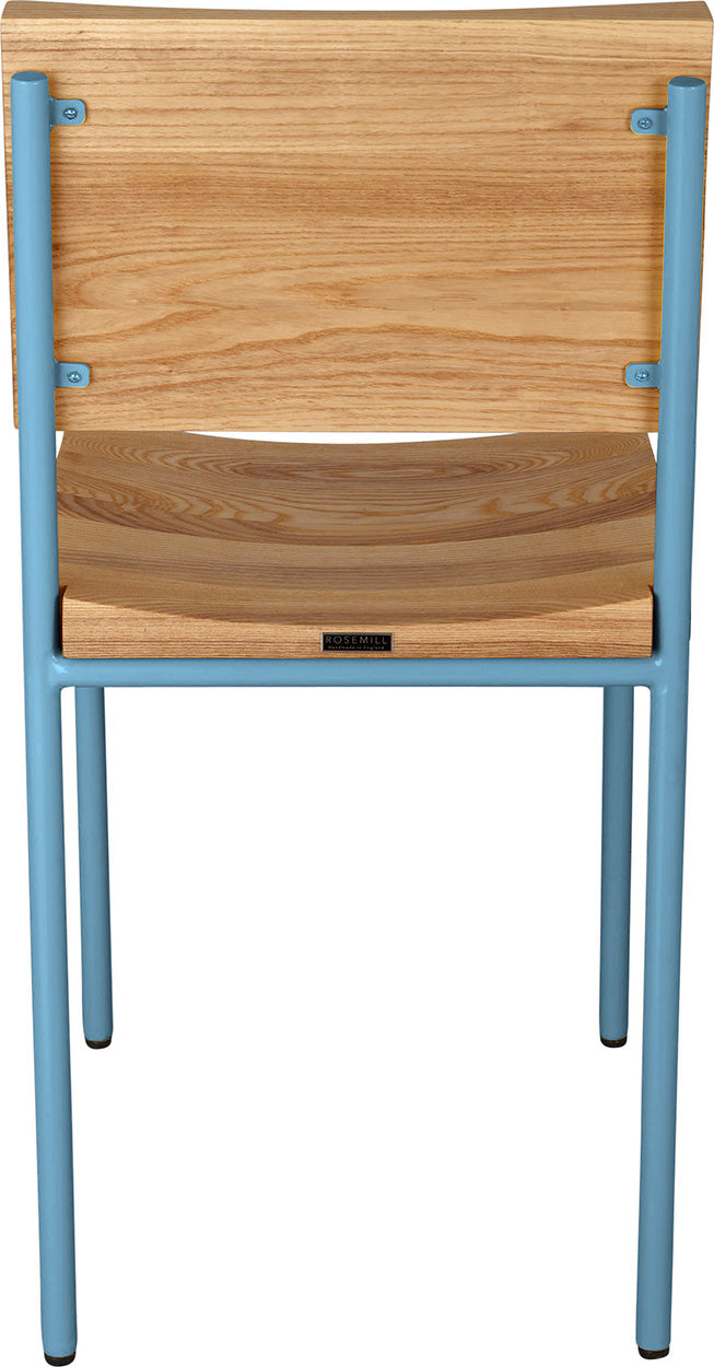 Duck-egg blue metal chair with natural stain ash wood made in UK - back view round frame