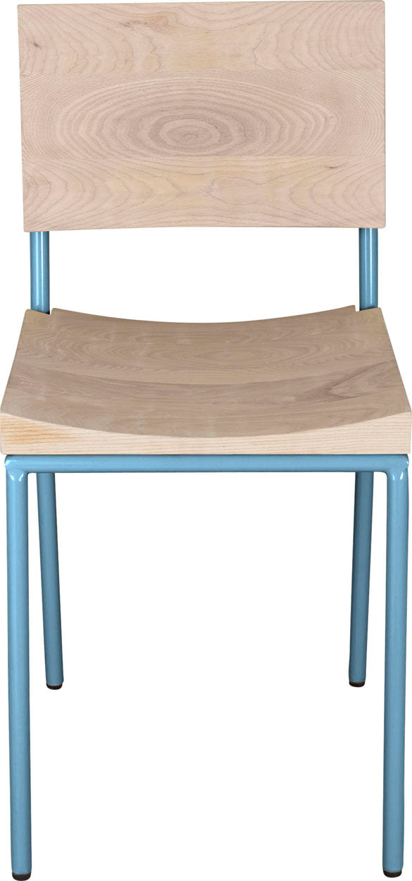 Duck-egg blue metal chair with whitewash stain ash wood made in UK - front view round frame