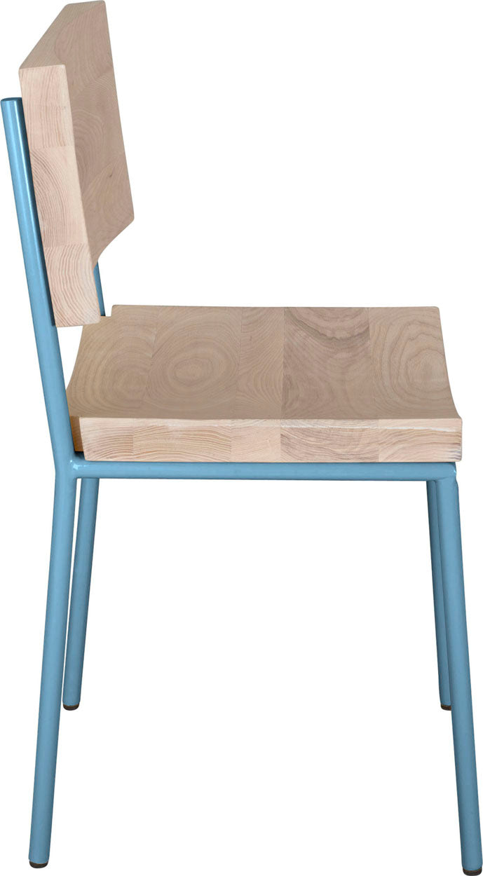 Duck-egg blue metal chair with whitewash stain ash wood made in UK - side view round frame