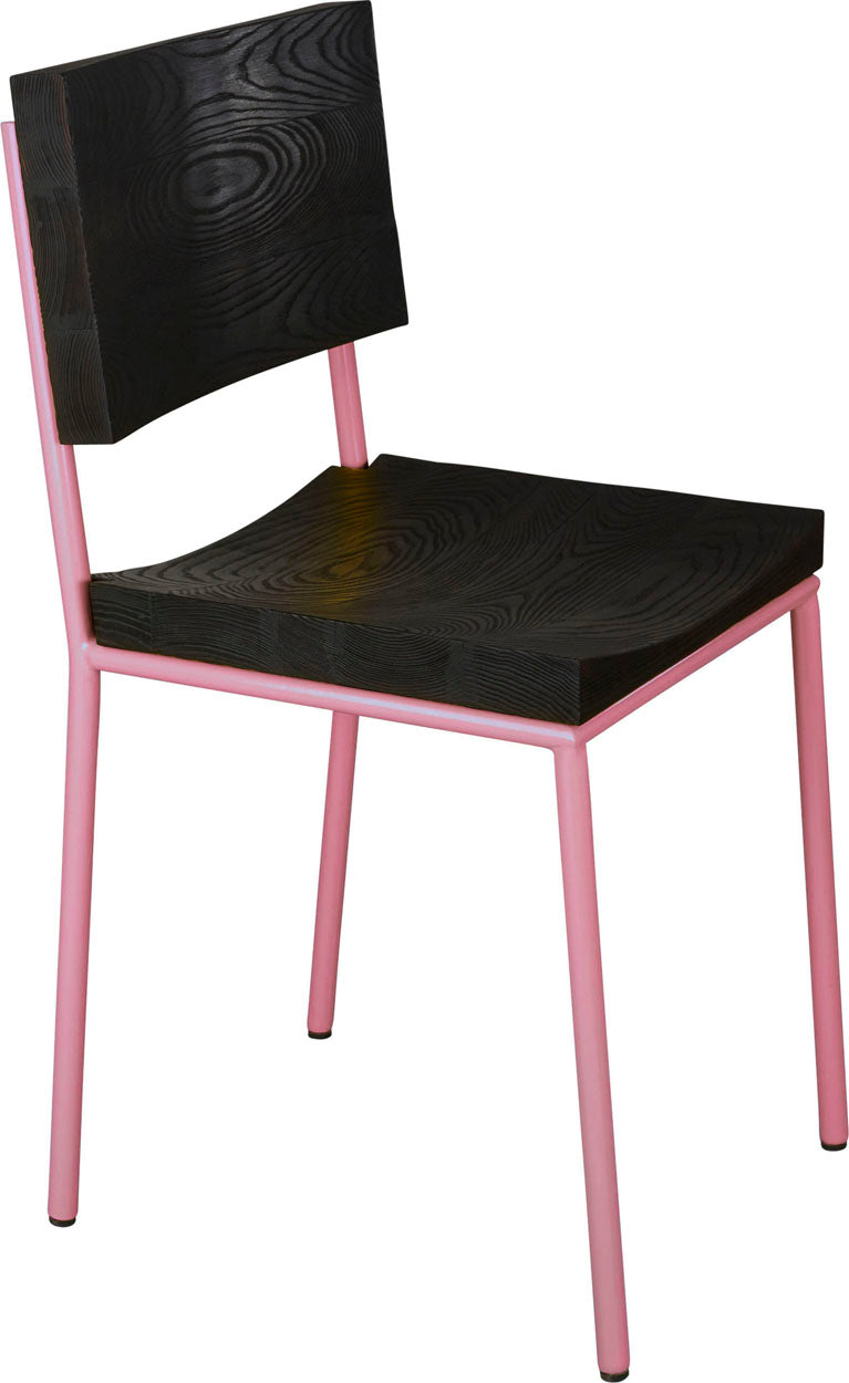 Pink metal chair with black stain ash wood made in UK - angle view round frame