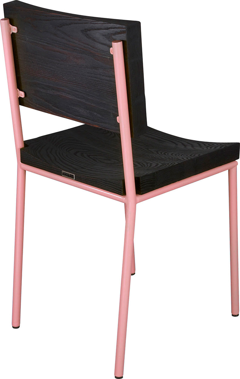 Pink metal chair with black stain ash wood made in UK - back side view round frame