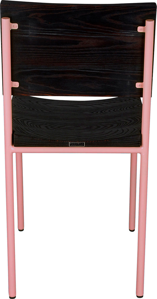 Pink metal chair with black stain ash wood made in UK - back view round frame