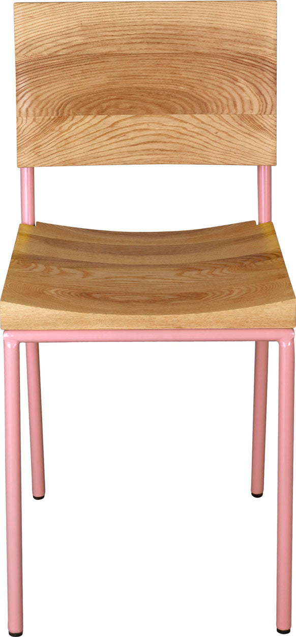 Pink metal chair with natural stain ash wood made in UK - front view round frame