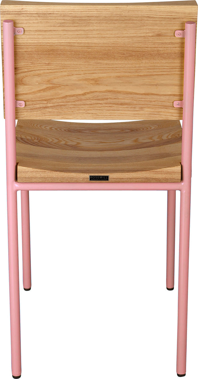 Pink metal chair with natural stain ash wood made in UK - back view round frame