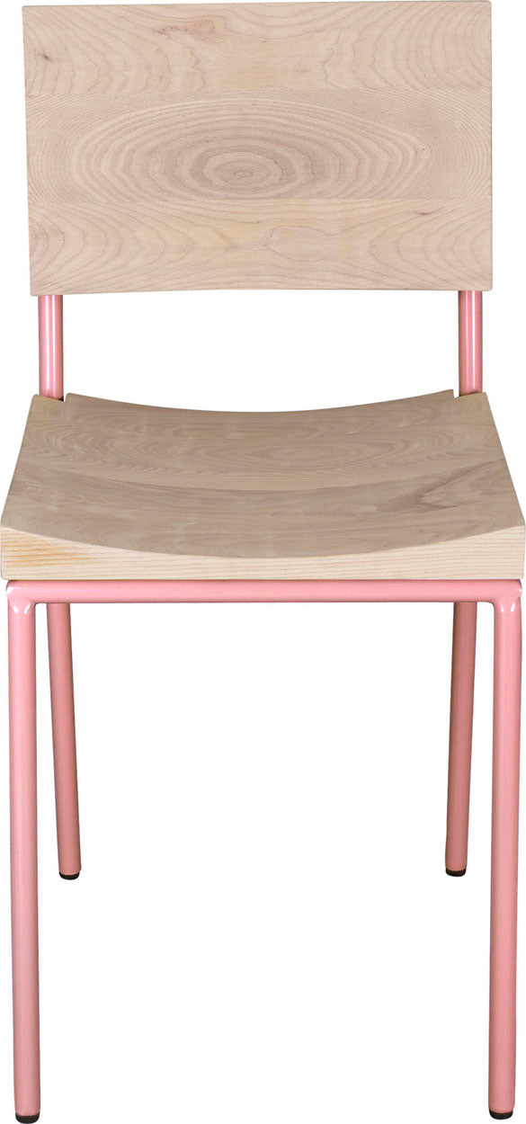 Pink metal chair with whitewash stain ash wood made in UK - front view round frame