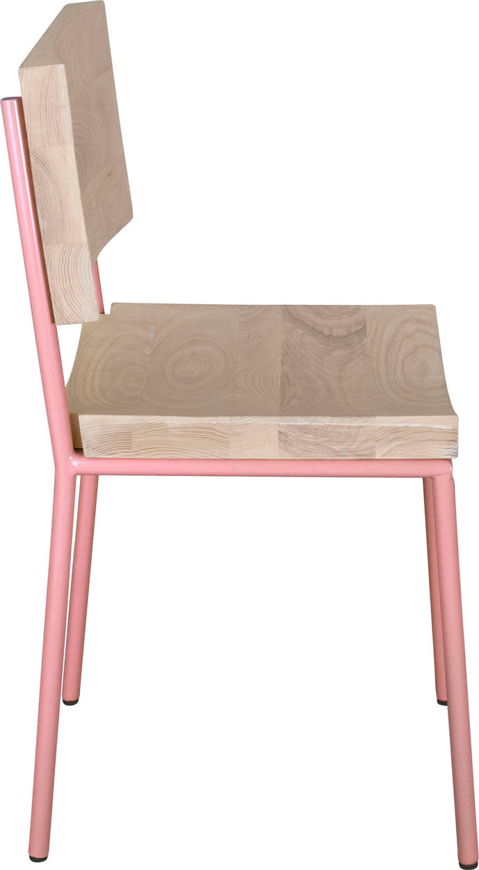 Pink metal chair with whitewash stain ash wood made in UK - side view round frame