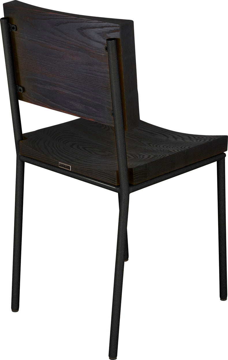 Gloss black metal chair with black stain ash wood made in UK - back side view round frame