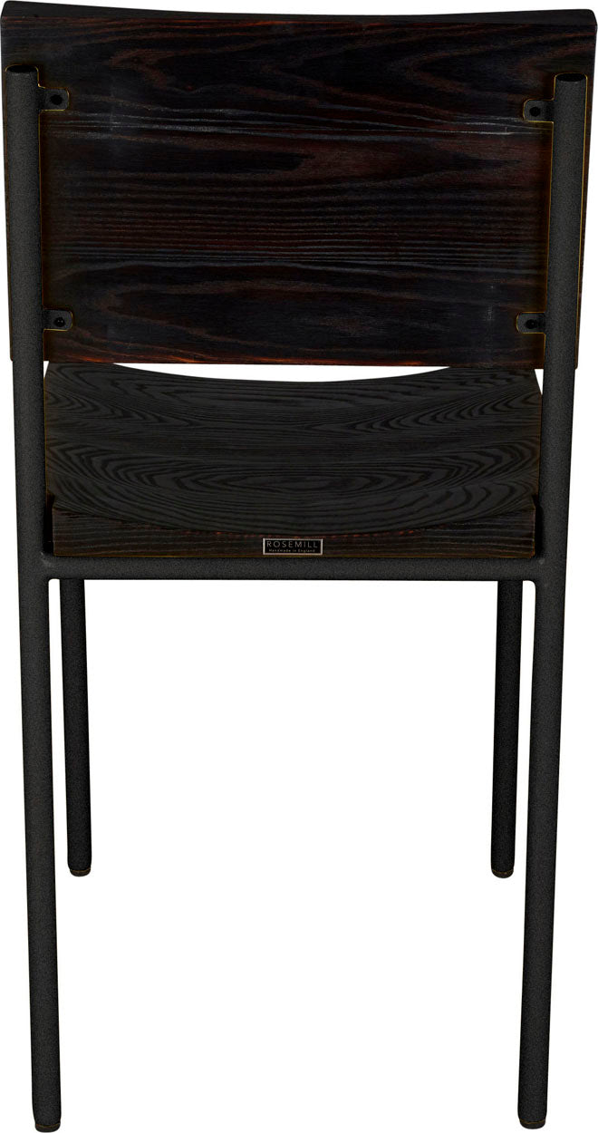 Gloss black metal chair with black stain ash wood made in UK - back view round frame